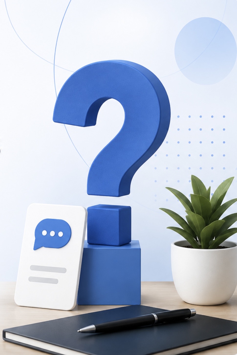 FAQ illustration showing a blue question mark and conversation symbols
